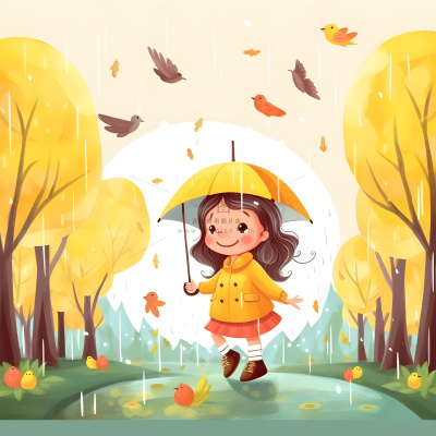 春天下雨天小女孩拿着雨伞在森林里漫步绿色黄色手绘插画海报素材背景