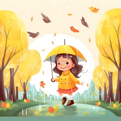 春天下雨天小女孩拿着雨伞在森林里漫步绿色黄色手绘插画海报素材背景