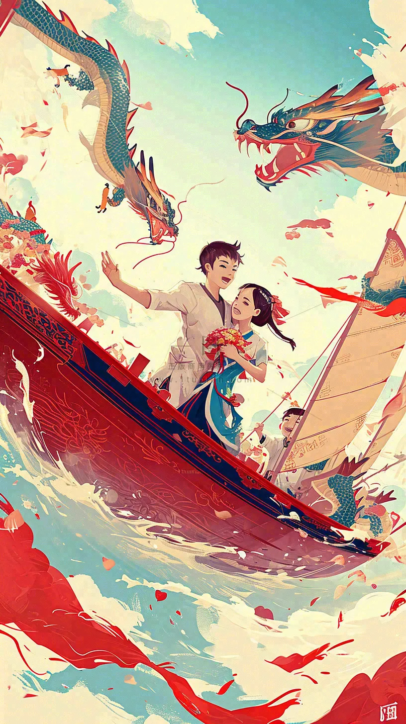 海面上龙船开船手绘插画,孩子人物,蓝天白云古风