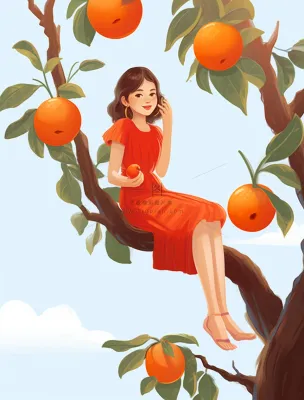 女孩少女坐着橘子树上可爱卡通插画素材背景