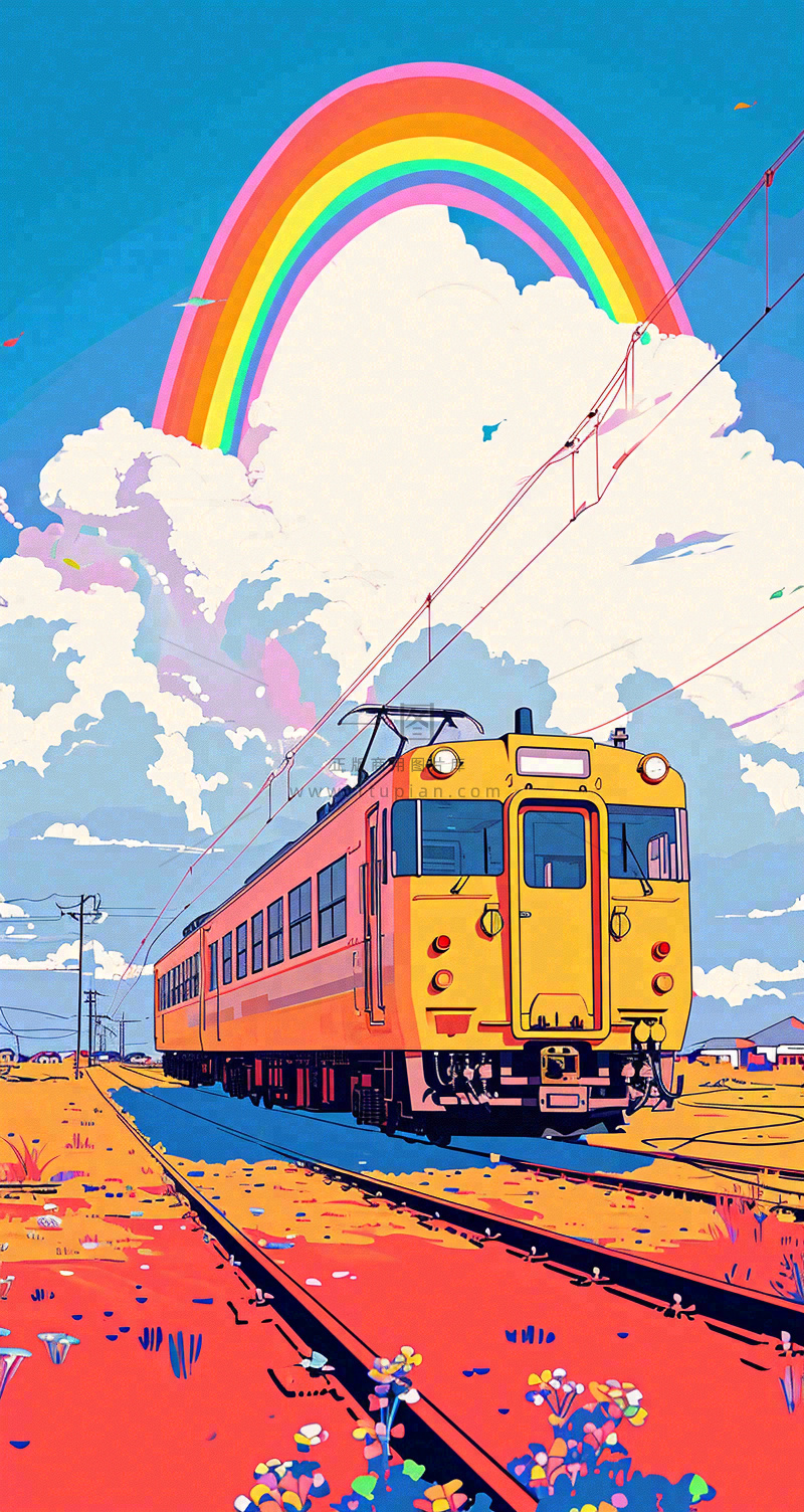 彩色绚丽彩虹蓝天白云铁路火车动车手绘插画