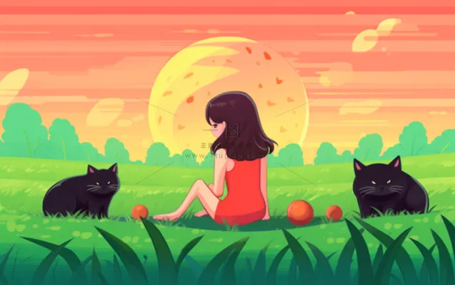 坐着草地上的女孩和猫插画背景