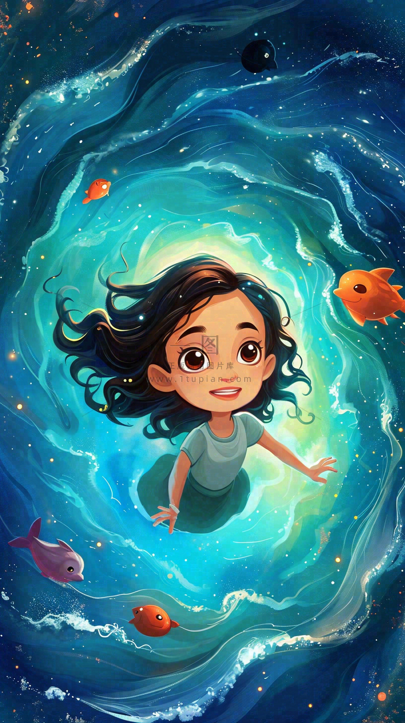 炫酷浪漫海洋海底水底可爱女孩手绘插画,鱼类水母生物
