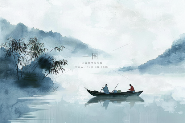 水墨山水画小船河面山川连绵国画插画背景