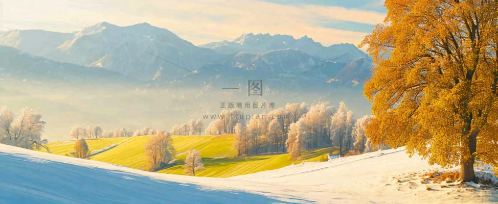 秋天山脉秋叶树木，秋分摄影图