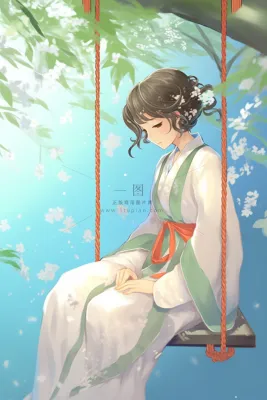春天梨花树下秋千的少女古风汉服服饰卡通插画背景