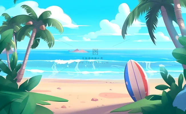 海边度假沙滩椰树冲浪天空插画背景