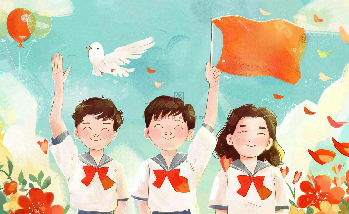 卡通红领巾学生举手旗帜和平鸽班长竞选祖国花朵国庆卡通插画背景