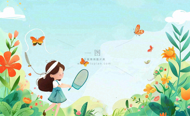 春天女孩在花丛里扑蝴蝶玩耍儿童节踏青春分插画背景