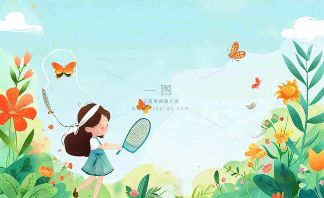 春天女孩在花丛里扑蝴蝶玩耍儿童节踏青春分插画背景