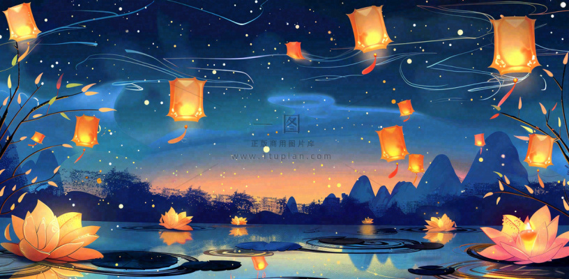 湖面花灯孔明灯风景夜晚荷花灯许愿灯放天灯中国风古风中元节寒衣节插画背景