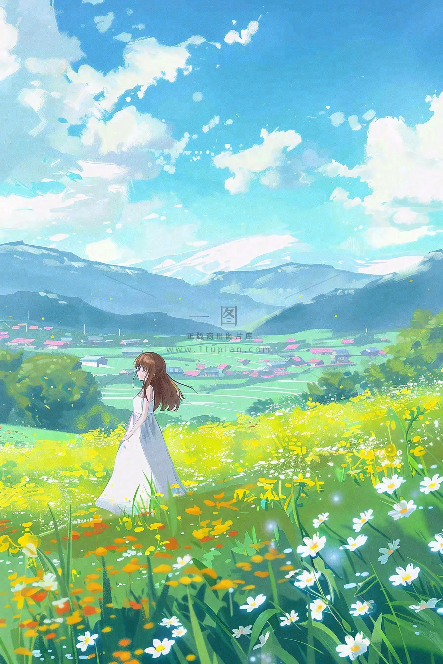 春夏花海里的少女美丽唯美小清新春分立夏夏至青春卡通插画背景