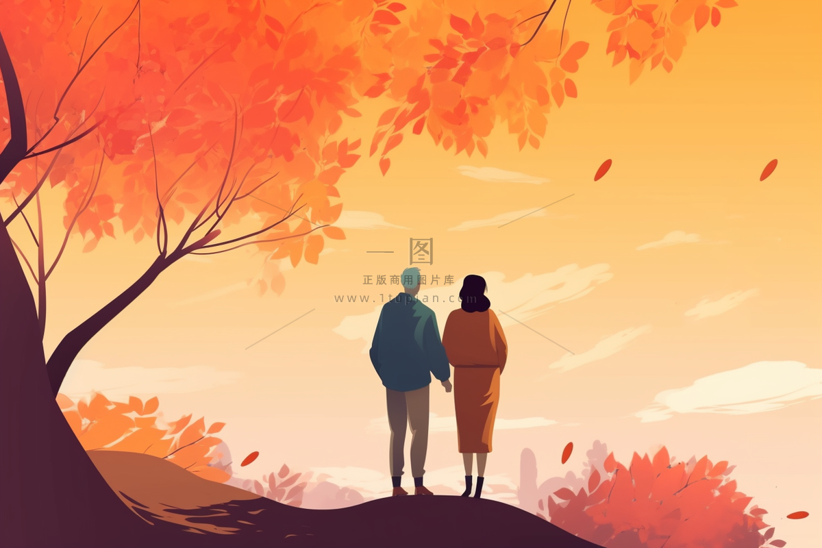 秋季夫妇依偎黄叶纷飞重阳插画素材背景