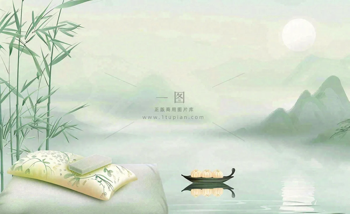 中国风古风山水画泛舟山竹青山清明端午时节清雅国画水墨画插画背景