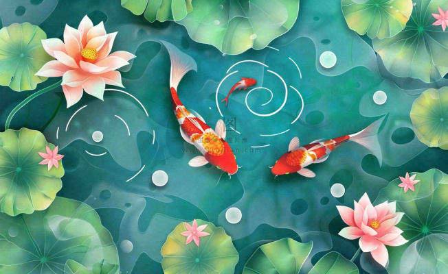 夏天荷花夏日荷塘背景水彩睡莲荷叶锦鲤鱼水彩立夏夏至大暑小暑卡通插画背景 夏天荷花夏日荷塘背景水彩睡莲荷叶锦鲤鱼水彩立夏夏至大暑小暑卡通插画背景