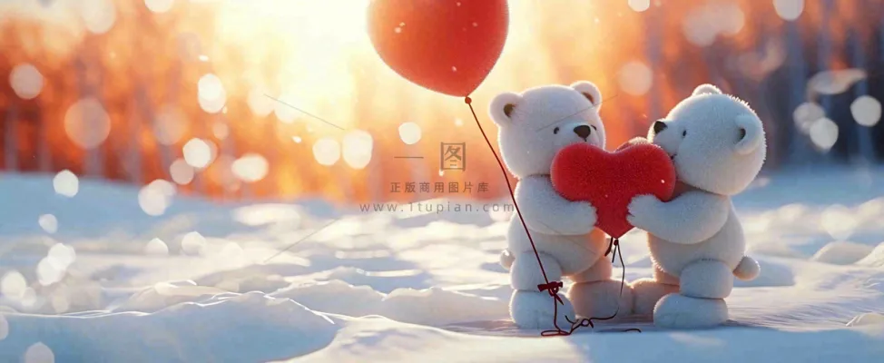 冬天雪地落日下爱情小熊,浪漫雪花情人节520爱情气球摄影图 冬天雪地落日下爱情小熊,浪漫雪花情人节520爱情气球摄影图
