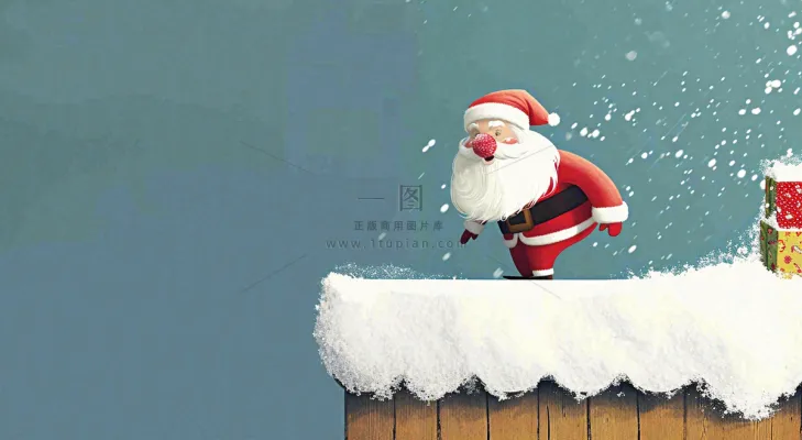 冬天圣诞老人屋顶带礼物,雪花雪屋,圣诞节卡通扁平插画 冬天圣诞老人屋顶带礼物,雪花雪屋,圣诞节卡通扁平插画