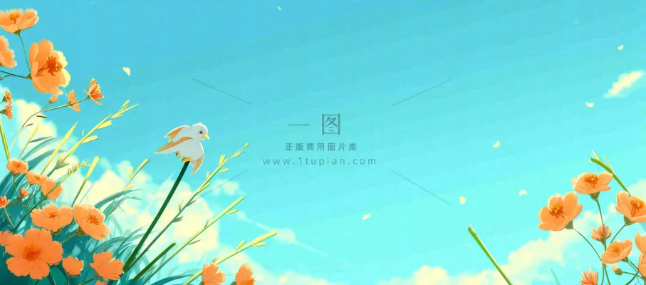 春天清新草地小花蓝天白云，鲜花向阳手绘插画