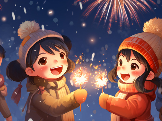 新年除夕放烟花爆竹的孩童庆祝新年喜庆卡通插画背景