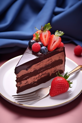 巧克力蛋糕水果草莓树莓切块美食甜点摄影图