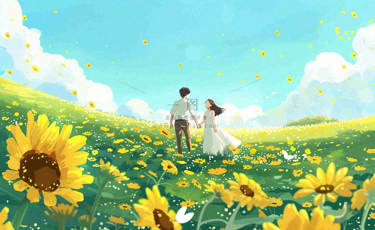 向日葵花海里的情侣恋人浪漫蓝天白云立夏夏至情人卡通插画背景