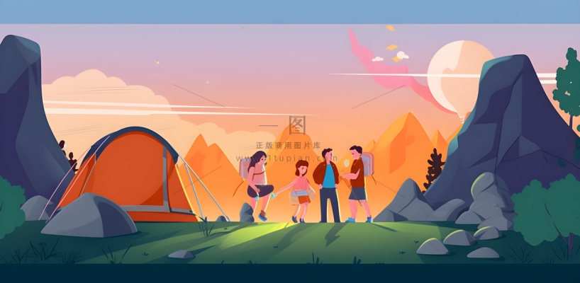 户外野外森林草原露营人们卡通插画背景 户外野外森林草原露营人们卡通插画背景