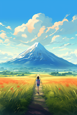 女孩走在山野路上草丛小花高山雪山天空卡通插画背景