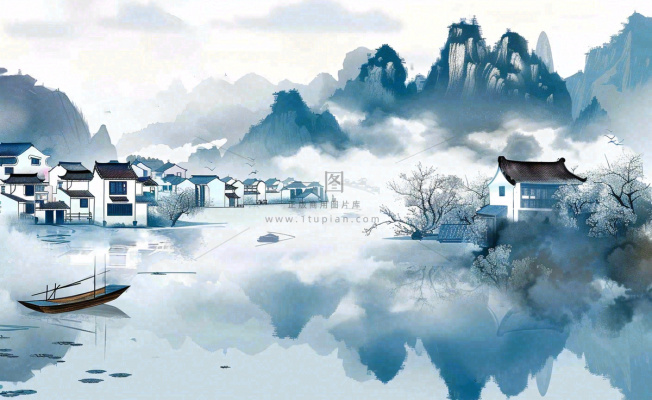 水墨山水江南水乡屋檐白露寒露冷清插画背景