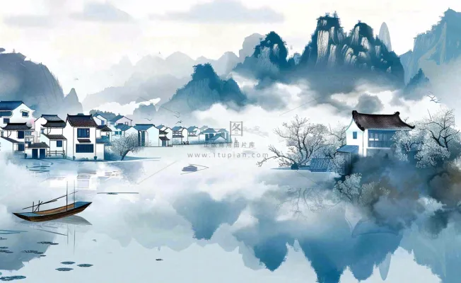 水墨山水江南水乡屋檐白露寒露冷清插画背景