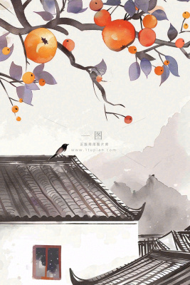 秋天婺源村庄柿子树老式建筑屋檐中国风国画水彩立秋秋分处暑背景 秋天婺源村庄柿子树老式建筑屋檐中国风国画水彩立秋秋分处暑背景