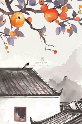秋天婺源村庄柿子树老式建筑屋檐中国风国画水彩立秋秋分处暑背景 秋天婺源村庄柿子树老式建筑屋檐中国风国画水彩立秋秋分处暑背景