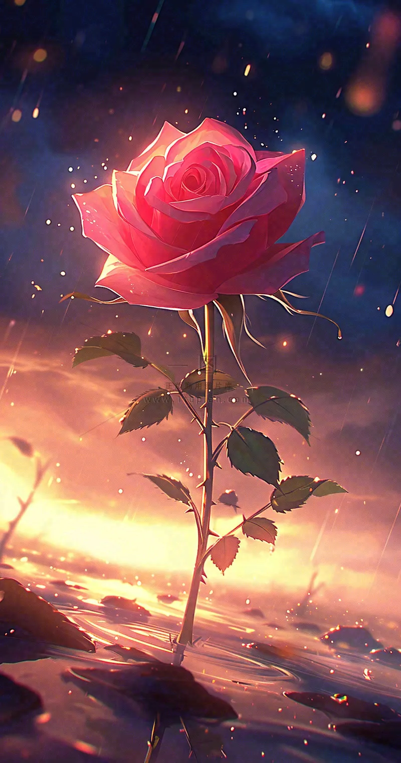 海平面上渐变落日前的一支粉色玫瑰花鲜花花朵，鲜艳爱情