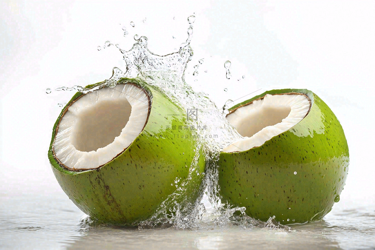 two green coconuts with a splash of water on them, an illustration of by Rodney Joseph Burn, shutterstock, renaissance, coconuts, f 2.5, f4.5