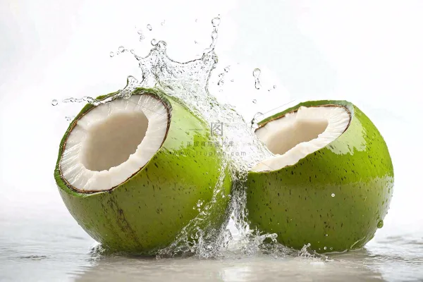 two green coconuts with a splash of water on them, an illustration of by Rodney Joseph Burn, shutterstock, renaissance, coconuts, f 2.5, f4.5 
