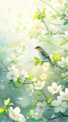 春天繁华盛开树枝小鸟春意小清新唯美立春惊蛰插画背景