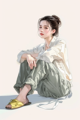 蹲坐着的少女朝气马尾发型插画背景