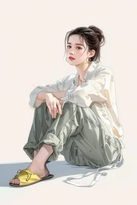 蹲坐着的少女朝气马尾发型插画背景