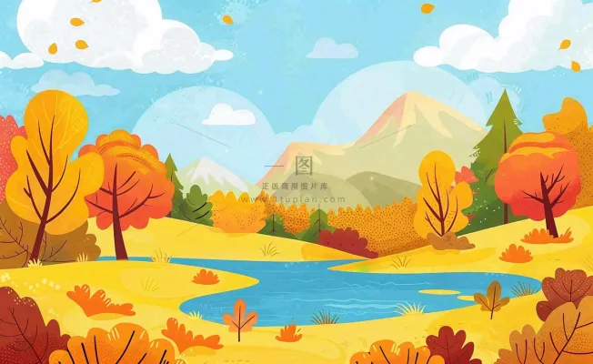 秋天金黄的森林山坡树木落叶蓝天白云立秋秋分处暑卡通插画背景 秋天金黄的森林山坡树木落叶蓝天白云立秋秋分处暑卡通插画背景