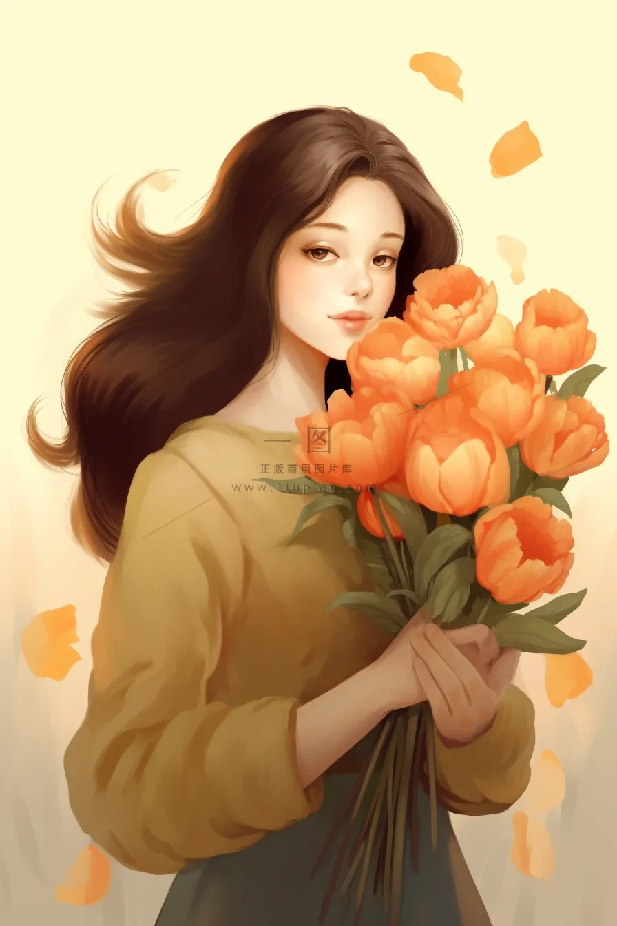 美丽少女抱着一束鲜花卡通插画黄色背景