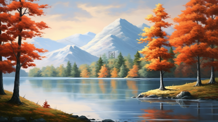 秋季树木湖泊河流风景新疆插画素材背景