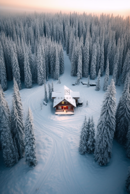 大雪森林深处的木屋摄影图