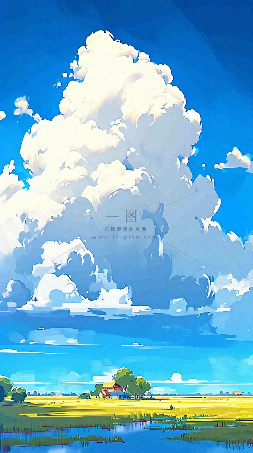 春天乡村河流倒影草地蓝天白云小屋手绘插画
