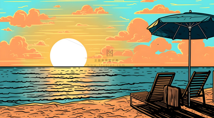 海边度假，极简背景风格，充满活力的漫画，充满活力的卡通，浅棕色和天蓝色插画背景