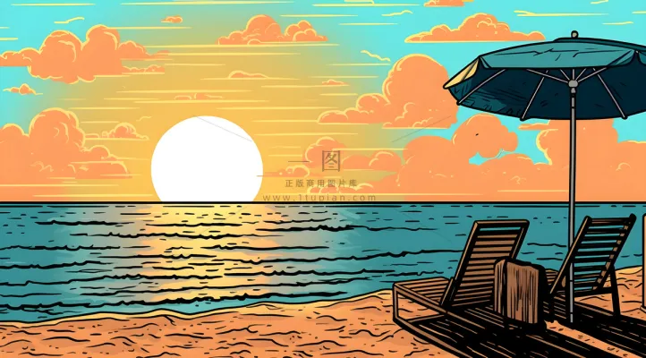 海边度假，极简背景风格，充满活力的漫画，充满活力的卡通，浅棕色和天蓝色插画背景