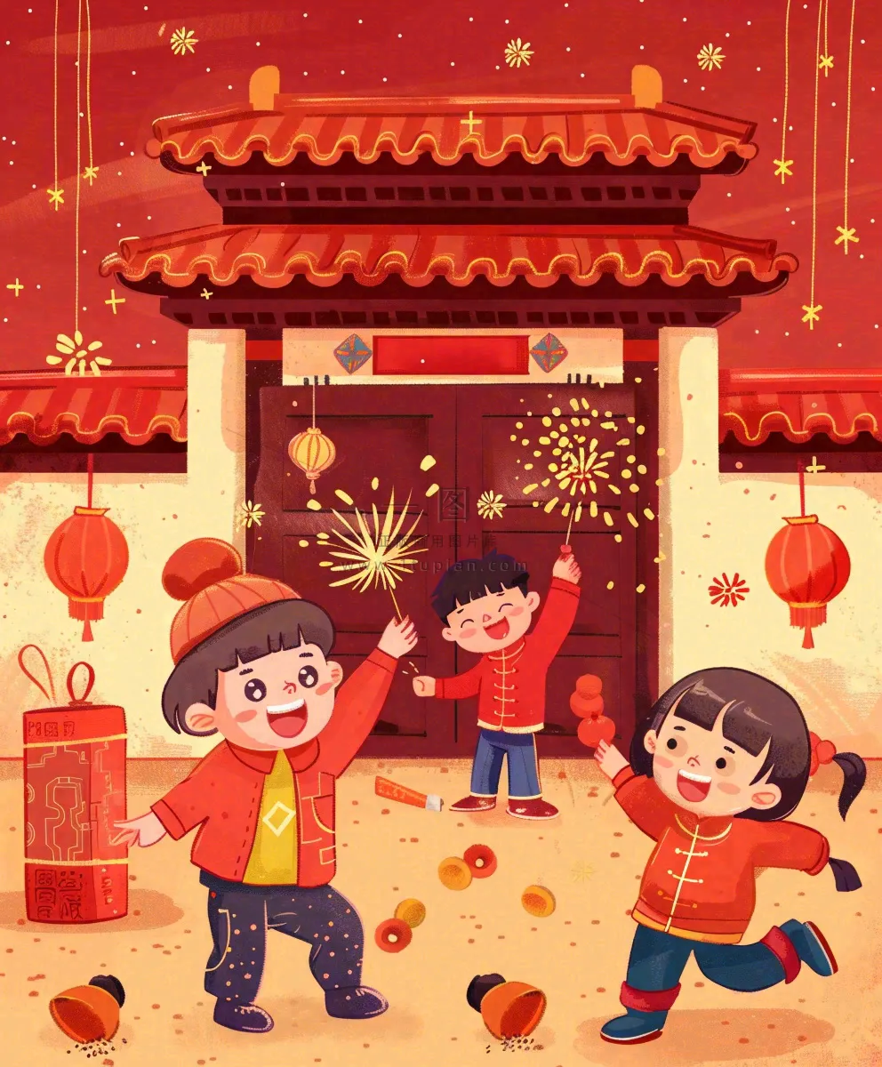 新年热闹儿童在家门口放烟花春节喜庆庆祝春节小年除夕夜元宵节卡通插画背景