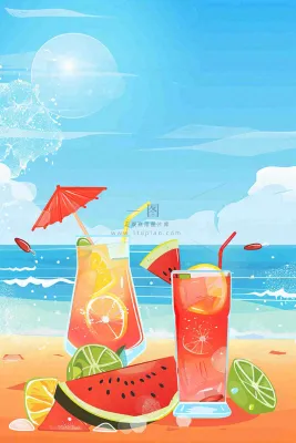 炎热夏日冰镇饮料饮品西瓜汁海边沙滩蓝天白云立夏夏至大暑小暑处暑卡通插画背景 炎热夏日冰镇饮料饮品西瓜汁海边沙滩蓝天白云立夏夏至大暑小暑处暑卡通插画背景