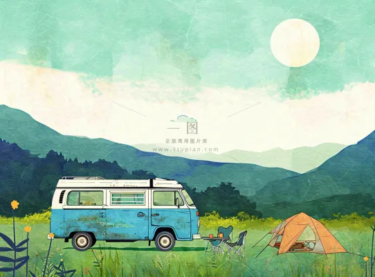 春天夏日清新草坪房车旅行露营玩耍手绘插画 春天夏日清新草坪房车旅行露营玩耍手绘插画