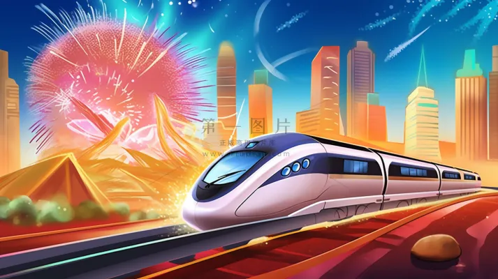 春节春运高铁轻轨列车开往回家的路科技卡通插画背景