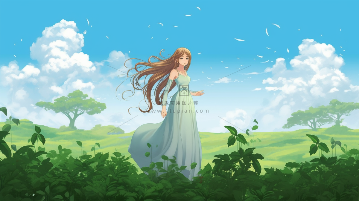 长发少女在草坪花丛蓝天白云卡通插画