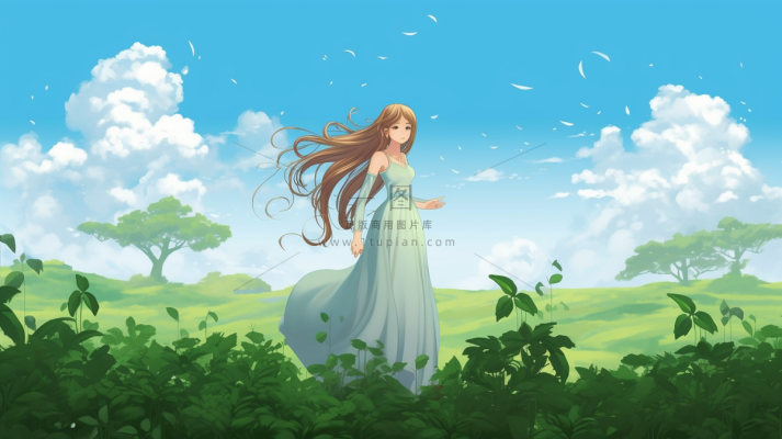 长发少女在草坪花丛蓝天白云卡通插画